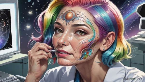 1girl,solo,looking at viewer,short hair,blonde hair,shirt,holding,brown eyes,jewelry,blue hair,white shirt,pink hair,purple hair,multicolored hair,earrings,parted lips,green hair,star (symbol),two-tone hair,lips,eyelashes,gradient hair,makeup,piercing,lipstick,portrait,personification,freckles,realistic,nose,stud earrings,space,computer,monitor,planet,cyborg,mascara,stylus,drawing tablet,rainbow hair,teeth,artist name,streaked hair,facial mark,star (sky),eyeshadow,labcoat,keyboard (computer),constellation