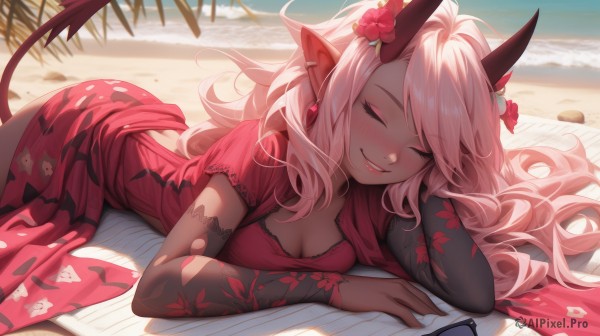 1girl,solo,long hair,breasts,blush,smile,bangs,hair ornament,dress,cleavage,jewelry,medium breasts,tail,closed eyes,pink hair,flower,short sleeves,earrings,outdoors,lying,parted lips,detached sleeves,horns,teeth,day,pointy ears,virtual youtuber,hair flower,dark skin,water,dark-skinned female,lips,book,clothing cutout,ocean,beach,floral print,red dress,cleavage cutout,sleeping,demon girl,on stomach,demon horns,red flower,demon tail,facing viewer,sand,hibiscus,eyewear removed,print dress,head rest