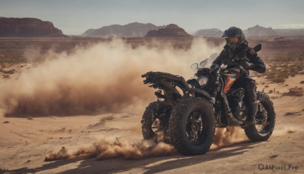 1girl,short hair,multiple girls,gloves,1boy,hat,2girls,blue hair,jacket,weapon,grey hair,boots,outdoors,sky,day,pants,uniform,black jacket,gun,sunglasses,helmet,goggles,ground vehicle,motor vehicle,rifle,smoke,mountain,sand,road,riding,motorcycle,desert,driving,dust,motorcycle helmet,on motorcycle,solo,long sleeves,mask,scenery,mouth mask,wide shot,leather jacket,ambiguous gender,dust cloud