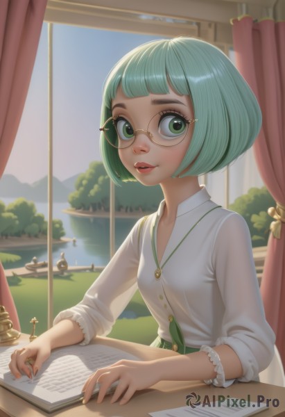 1girl,solo,breasts,looking at viewer,smile,short hair,bangs,skirt,shirt,long sleeves,jewelry,sitting,green eyes,white shirt,upper body,small breasts,parted lips,green hair,sky,glasses,teeth,day,collared shirt,artist name,indoors,blunt bangs,water,necklace,tree,lips,fingernails,book,eyelashes,window,dress shirt,aqua hair,buttons,watermark,table,bob cut,curtains,green skirt,semi-rimless eyewear,web address,desk,pendant,freckles,paper,open book,nose,round eyewear,watercraft,pencil,rimless eyewear,boat,lake,quill,yellow-framed eyewear