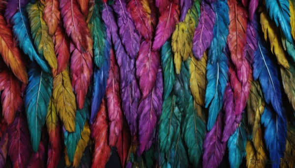 solo,no humans,leaf,traditional media,colorful,abstract,rainbow order,wings,from above,feathers,plant,feathered wings,multiple wings,multicolored wings