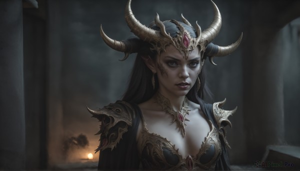 HQ,1girl,solo,long hair,breasts,looking at viewer,blue eyes,black hair,cleavage,jewelry,medium breasts,collarbone,upper body,earrings,outdoors,parted lips,horns,choker,pointy ears,armor,blurry,lips,makeup,blurry background,lipstick,demon horns,shoulder armor,gem,pale skin,pauldrons,shoulder pads,forehead jewel,large breasts,brown eyes,facial mark,elf,realistic,fake horns