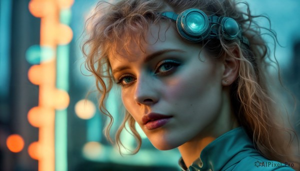 HQ,1girl,solo,long hair,looking at viewer,blue eyes,blonde hair,brown hair,hair ornament,jewelry,closed mouth,earrings,blurry,lips,eyelashes,makeup,depth of field,blurry background,wavy hair,goggles,messy hair,portrait,eyeshadow,freckles,science fiction,curly hair,realistic,nose,stud earrings,cyberpunk,parted lips,watermark,goggles on head,bokeh