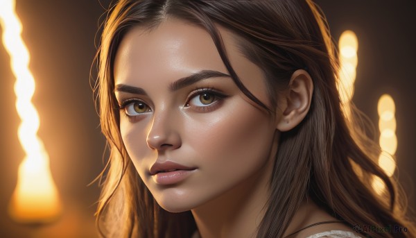 1girl,solo,long hair,looking at viewer,brown hair,brown eyes,jewelry,green eyes,parted lips,blurry,lips,eyelashes,depth of field,blurry background,portrait,close-up,forehead,freckles,realistic,nose,earrings,teeth,artist name,necklace,watermark,backlighting,stud earrings,light