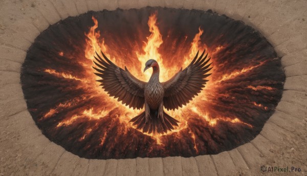 solo,looking at viewer,full body,wings,pokemon (creature),no humans,glowing,bird,fire,flying,brown background,animal focus,embers,beak,spread wings,burning,closed mouth,glowing eyes,talons