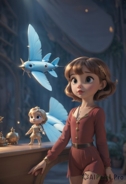 1girl,smile,short hair,blue eyes,brown hair,hair ornament,long sleeves,dress,brown eyes,jewelry,standing,collarbone,parted lips,wings,shorts,belt,indoors,necklace,blurry,lips,blurry background,red dress,plant,curtains,red shirt,child,fairy wings,red lips,fairy,vase,insect wings,solo,blonde hair,1boy,teeth,artist name,night