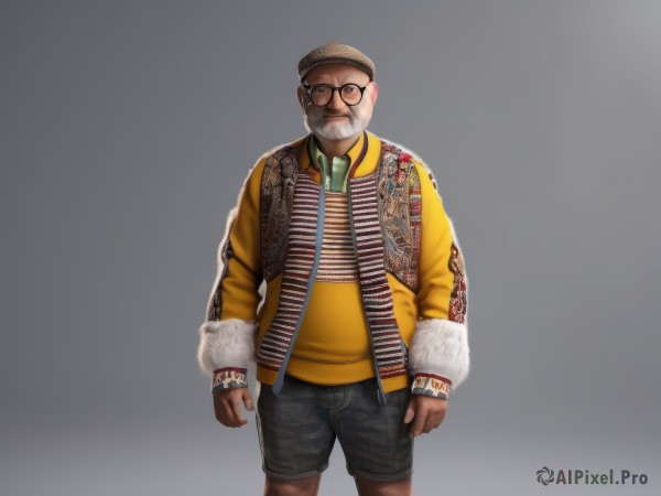 solo,looking at viewer,simple background,shirt,long sleeves,1boy,hat,closed mouth,standing,jacket,male focus,cowboy shot,necktie,glasses,shorts,striped,grey background,gradient,fur trim,gradient background,facial hair,beret,black shorts,beard,clenched hands,black-framed eyewear,yellow shirt,realistic,round eyewear,mustache,arms at sides,bald,old,straight-on,fat,old man,fat man,open clothes,collared shirt,vest,open jacket,brown jacket,striped shirt,brown headwear,yellow jacket,grey shorts,open vest