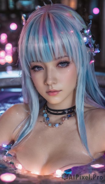 1girl,solo,long hair,breasts,looking at viewer,bangs,blue eyes,hair ornament,cleavage,bare shoulders,jewelry,medium breasts,closed mouth,blue hair,collarbone,upper body,multicolored hair,choker,artist name,blunt bangs,water,necklace,blurry,lips,wet,eyelashes,aqua hair,makeup,depth of field,blurry background,black choker,partially submerged,pink lips,realistic,nose,bathing,mascara,nude,grey eyes,petals,bokeh