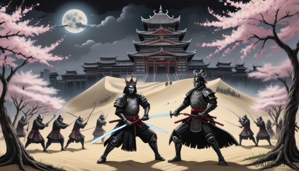 holding,weapon,outdoors,japanese clothes,multiple boys,sky,sword,cloud,holding weapon,armor,tree,night,holding sword,moon,katana,helmet,cherry blossoms,shoulder armor,sheath,night sky,full moon,dual wielding,6+boys,fighting stance,battle,japanese armor,architecture,east asian architecture,castle,full armor,kote,samurai,kusazuri,kabuto (helmet),pagoda,polearm,ootachi