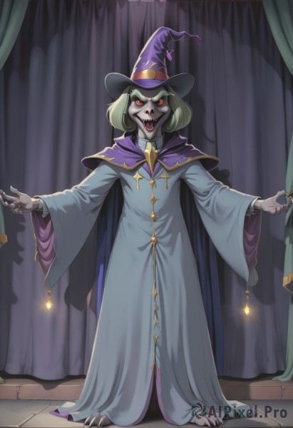 solo,looking at viewer,short hair,open mouth,red eyes,long sleeves,1boy,hat,standing,full body,male focus,green hair,barefoot,teeth,tongue,artist name,wide sleeves,cape,witch hat,glowing,fangs,watermark,outstretched arms,sharp teeth,curtains,glowing eyes,cloak,colored sclera,robe,witch,purple headwear,wizard,1girl,dress,indoors,colored skin,furry,grey skin