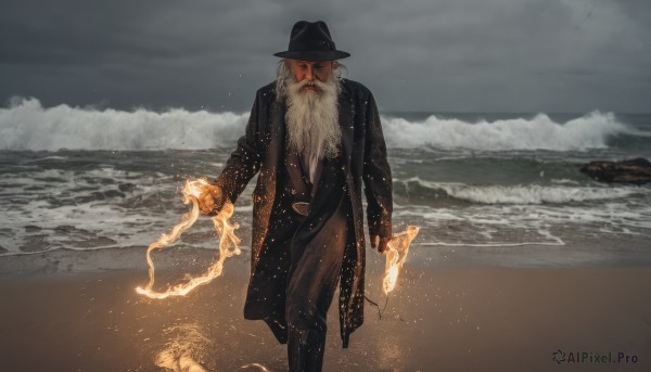 solo,looking at viewer,long sleeves,1boy,hat,holding,standing,white hair,male focus,outdoors,sky,pants,cloud,water,coat,black headwear,facial hair,ocean,beach,cloudy sky,fire,beard,walking,black coat,mustache,sand,old,old man,waves,grey sky,closed mouth,jacket,weapon,grey hair,open clothes,belt,holding weapon,feet out of frame,black pants,sunglasses,facing viewer,dual wielding,open coat,horizon,magic