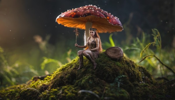 1girl,solo,long hair,skirt,brown hair,black hair,dress,holding,bare shoulders,sitting,boots,outdoors,black footwear,blurry,tree,bare arms,depth of field,blurry background,umbrella,knee boots,grass,plant,nature,forest,fantasy,mushroom,moss,tree stump,breasts,blonde hair,hat,cleavage,jewelry,medium breasts,leaf,scenery,corset,rock,realistic,wide shot