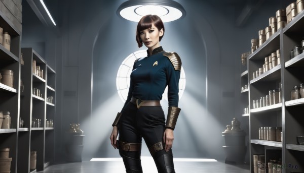 1girl,solo,breasts,looking at viewer,short hair,bangs,brown hair,long sleeves,brown eyes,medium breasts,closed mouth,standing,cowboy shot,boots,belt,pants,indoors,blunt bangs,uniform,lips,thigh boots,halo,black pants,bob cut,bottle,nose,arms at sides,shelf,blue eyes,book,thigh strap,sunlight,science fiction,realistic,bookshelf