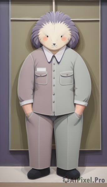 solo,looking at viewer,blush,simple background,shirt,1boy,standing,full body,purple hair,male focus,pants,no humans,:3,shadow,blush stickers,furry,pocket,hands in pockets,furry male,fat,whiskers,fat man,white background,shoes,collared shirt,black footwear,grey shirt,grey pants