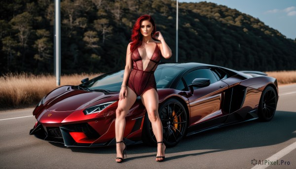 1girl,solo,long hair,breasts,looking at viewer,large breasts,dress,cleavage,brown eyes,medium breasts,red hair,outdoors,high heels,no bra,makeup,red dress,sandals,lipstick,ground vehicle,breasts apart,motor vehicle,realistic,car,road,vehicle focus,dirty,plunging neckline,sports car,black hair,nail polish,legs,personification,center opening,unzipped