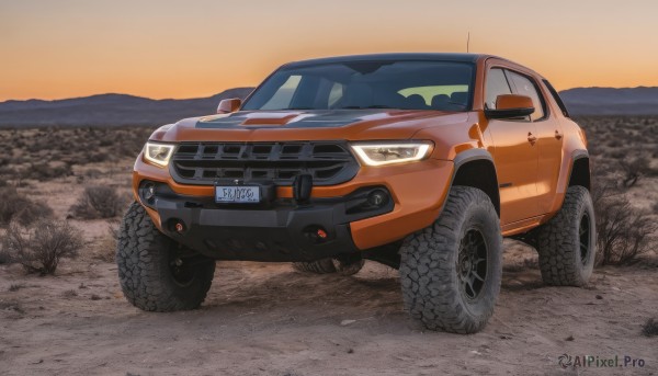 A motor vehicle in a dynamic sunset outdoors