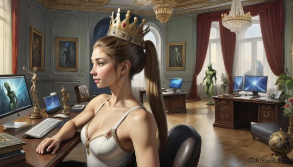 1girl,solo,long hair,breasts,brown hair,dress,cleavage,bare shoulders,brown eyes,jewelry,medium breasts,sitting,closed mouth,collarbone,ponytail,flower,earrings,sleeveless,indoors,white dress,lips,book,window,chair,table,crown,plant,curtains,desk,reflection,mirror,paper,realistic,clock,potted plant,lamp,candle,green skin,photo (object),vase,painting (object),globe,portrait (object),blonde hair,computer,monitor