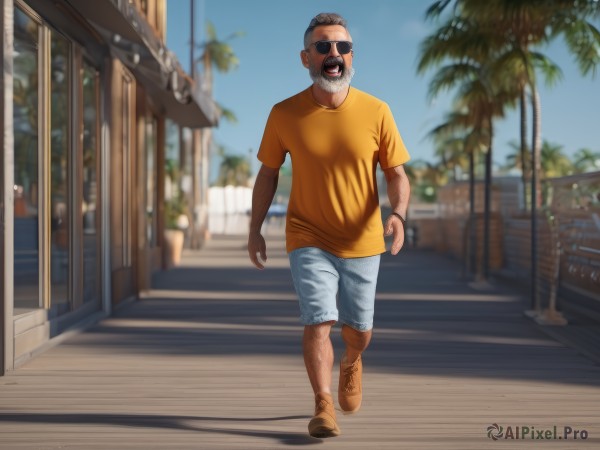 solo,short hair,open mouth,brown hair,shirt,1boy,full body,short sleeves,grey hair,male focus,boots,outdoors,sky,shoes,shorts,teeth,day,blurry,tree,blue sky,blurry background,shadow,facial hair,brown footwear,sunglasses,t-shirt,building,beard,walking,meme,running,watch,yellow shirt,white shorts,realistic,mustache,palm tree,wristwatch,road,old,orange shirt,chest hair,old man,street,photo background,leg hair,arm hair,hairy,aviator sunglasses,smile,black hair,dark skin,bracelet,depth of field,parody,dark-skinned male,facing viewer,blue shorts,house