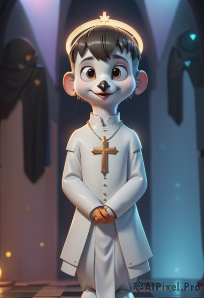 solo,looking at viewer,smile,short hair,open mouth,brown hair,black hair,long sleeves,1boy,animal ears,brown eyes,jewelry,standing,male focus,solo focus,indoors,necklace,halo,own hands together,cross,child,furry,robe,nun,furry male,habit,male child,cross necklace,buck teeth,priest,lion boy,mitre,blush,gloves,hat