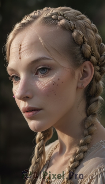 1girl,solo,long hair,blue eyes,blonde hair,hair ornament,dress,jewelry,braid,earrings,parted lips,teeth,artist name,signature,necklace,blurry,twin braids,lips,grey eyes,blurry background,portrait,freckles,realistic,nose,eyelashes,looking away,piercing,gem,crown braid,multiple braids