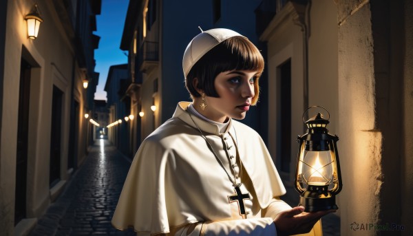 1girl,solo,short hair,bangs,blue eyes,brown hair,black hair,gloves,long sleeves,hat,holding,jewelry,upper body,earrings,outdoors,sky,dark skin,blunt bangs,necklace,dark-skinned female,lips,capelet,night,white headwear,cross,building,brown gloves,lantern,realistic,nose,road,cross necklace,white capelet,street,cross earrings,very dark skin,latin cross,priest,makeup,robe,light,lamppost