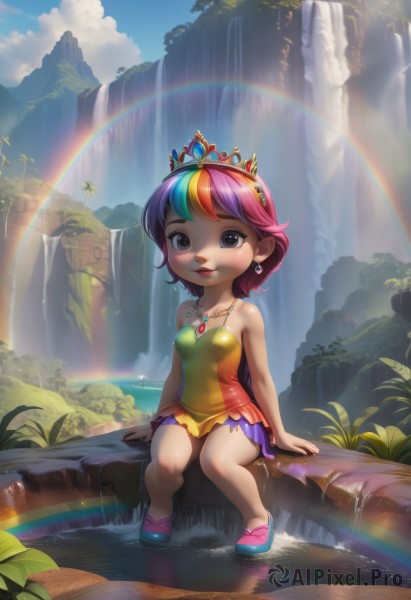 1girl,solo,breasts,looking at viewer,blush,smile,short hair,skirt,dress,bare shoulders,brown eyes,jewelry,sitting,full body,pink hair,purple hair,multicolored hair,earrings,small breasts,outdoors,sky,shoes,day,cloud,water,necklace,black eyes,two-tone hair,tree,blue sky,lips,streaked hair,bare arms,bare legs,strapless,makeup,watermark,short dress,sunlight,grass,tiara,crown,plant,lipstick,gem,child,nature,strapless dress,multicolored clothes,knees together feet apart,rainbow,multicolored dress,waterfall,colorful,puddle,rainbow order,tree stump,rainbow hair,blue hair,bracelet,sandals,personification,slippers