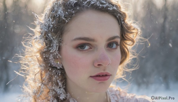 1girl,solo,long hair,looking at viewer,short hair,brown hair,hair ornament,brown eyes,jewelry,earrings,outdoors,parted lips,teeth,blurry,black eyes,lips,grey eyes,eyelashes,depth of field,blurry background,portrait,snow,snowing,realistic,nose,winter,wind,close-up,forehead