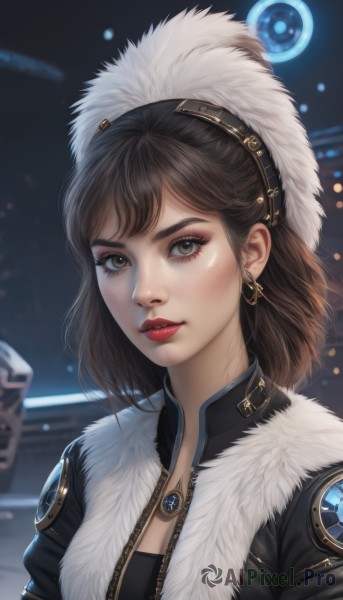 1girl,solo,breasts,looking at viewer,short hair,bangs,brown hair,black hair,hat,cleavage,brown eyes,jewelry,jacket,upper body,earrings,open clothes,artist name,medium hair,necklace,blurry,lips,fur trim,eyelashes,makeup,blurry background,white headwear,lipstick,eyeshadow,zipper,science fiction,fur collar,realistic,nose,red lips,eyeliner,fur hat,mascara,parted lips,signature,gem,portrait