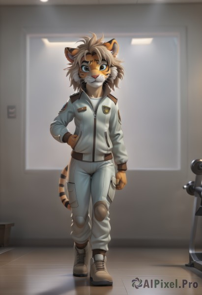 1girl,solo,breasts,looking at viewer,smile,short hair,blue eyes,brown hair,long sleeves,animal ears,brown eyes,standing,collarbone,jacket,tail,full body,white hair,grey hair,small breasts,boots,pants,artist name,indoors,signature,hand on hip,mask,watermark,facial mark,brown footwear,white jacket,thick eyebrows,clenched hand,furry,cross-laced footwear,pocket,white pants,mouth mask,furry female,tiger ears,knee pads,body fur,white fur,tiger tail,animal nose,whiskers,snout,brown fur,striped tail,tiger girl,shirt,gloves,closed mouth,multicolored hair,parted lips,shoes,teeth,socks,blurry,uniform,two-tone hair,open jacket,military,:3,blurry background,fangs,thigh gap,white footwear,web address,brown gloves,clenched hands,zipper,backlighting,walking,wooden floor,door,blue pants,breast pocket,zipper pull tab,grey pants,straight-on,badge,collared jacket,orange gloves,fangs out,orange fur