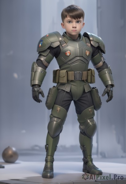 solo,looking at viewer,short hair,brown hair,black hair,gloves,1boy,brown eyes,closed mouth,standing,full body,male focus,boots,belt,armor,blurry,black eyes,lips,blurry background,shoulder armor,gauntlets,child,science fiction,pauldrons,pouch,breastplate,realistic,armored boots,male child,knee pads,belt pouch,explosive,grenade,blue eyes,pants,black pants,shoulder pads