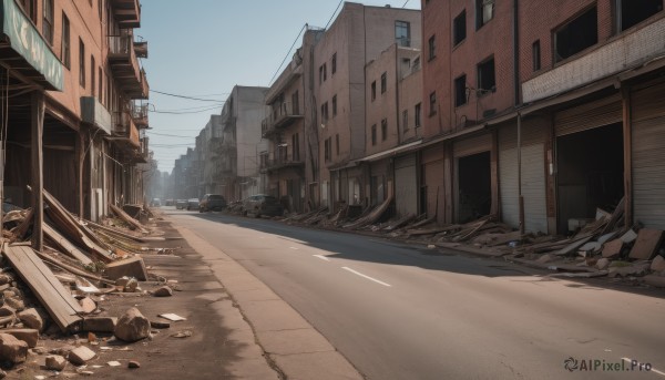 outdoors,sky,day,tree,blue sky,no humans,window,ground vehicle,building,scenery,motor vehicle,rock,city,car,road,cityscape,ruins,house,power lines,broken,street,utility pole,debris,rubble,destruction,vanishing point