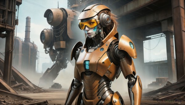 HQ,1girl,solo,short hair,brown hair,upper body,outdoors,day,armor,lips,helmet,robot,goggles,building,mecha,machinery,science fiction,realistic,joints,cable,ruins,power armor,dust,radio antenna,glowing,smoke,android,tinted eyewear,dirty,robot joints,cyberpunk,humanoid robot,post-apocalypse