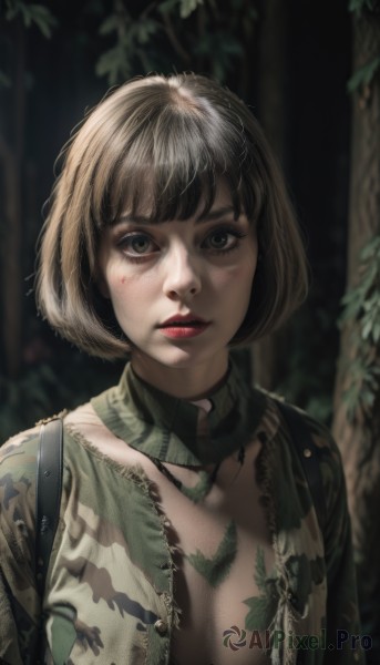 1girl,solo,breasts,looking at viewer,short hair,bangs,brown hair,black hair,cleavage,brown eyes,closed mouth,jacket,upper body,outdoors,parted lips,open clothes,bag,blurry,open jacket,tree,lips,blood,makeup,depth of field,blurry background,bob cut,backpack,lipstick,nature,forest,realistic,nose,red lips,camouflage,dappled sunlight,camouflage jacket,medium breasts,green eyes,day,scarf,torn clothes,eyelashes,no bra,sunlight,plant,injury,blood on face,facepaint,dirty,dirty face