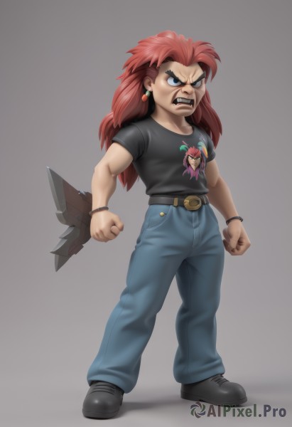 1girl,solo,long hair,blue eyes,shirt,1boy,jewelry,standing,full body,weapon,male focus,red hair,earrings,shoes,teeth,belt,pants,grey background,black footwear,bracelet,black shirt,muscular,thick eyebrows,knife,denim,clenched teeth,t-shirt,angry,clenched hands,jeans,blue pants,fusion,simple background,short sleeves,v-shaped eyebrows,frown,wristband,clenched hand,nose,shirt tucked in,print shirt