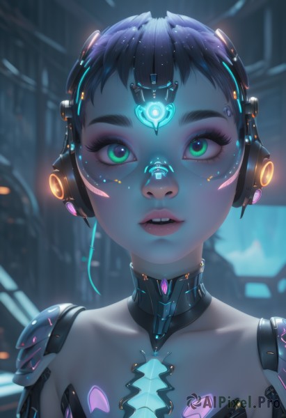 1girl,solo,looking at viewer,short hair,open mouth,black hair,green eyes,collarbone,upper body,parted lips,teeth,artist name,blurry,lips,eyelashes,makeup,depth of field,blurry background,glowing,headgear,headphones,watermark,portrait,close-up,eyeshadow,freckles,science fiction,nose,android,eyeliner,joints,cable,forehead jewel,cyborg,robot joints,neon trim,mascara,cyberpunk,mechanical parts,hologram,choker,bodysuit,upper teeth only,thick eyebrows,light particles,very short hair,robot ears