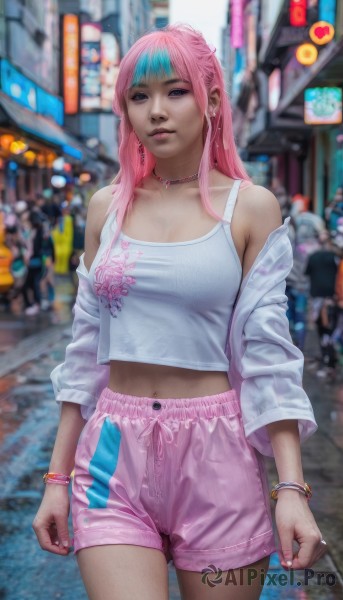 1girl,solo,long hair,breasts,looking at viewer,bangs,shirt,navel,cleavage,bare shoulders,jewelry,medium breasts,closed mouth,standing,purple eyes,collarbone,jacket,white shirt,pink hair,multicolored hair,cowboy shot,earrings,outdoors,open clothes,shorts,solo focus,midriff,pink eyes,necklace,off shoulder,nail polish,blurry,bracelet,two-tone hair,open jacket,lips,streaked hair,crop top,short shorts,aqua hair,blurry background,piercing,white jacket,tank top,pink nails,clenched hands,realistic,midriff peek,navel piercing,photo background,pink shorts,high-waist shorts,blue hair,choker,artist name,makeup,depth of field,watermark,ear piercing,eyeshadow,city,street,pink choker,white nails