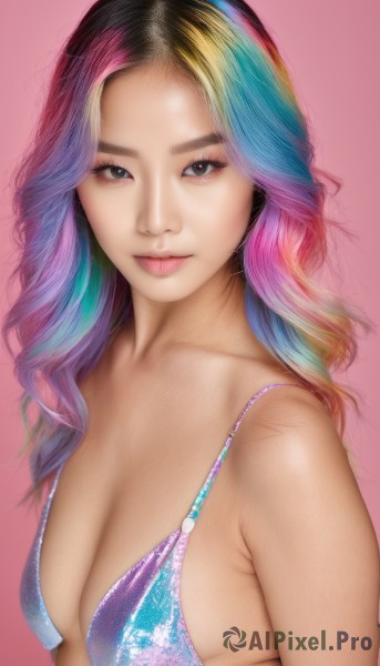 1girl,solo,long hair,breasts,looking at viewer,smile,blonde hair,simple background,cleavage,bare shoulders,medium breasts,closed mouth,blue hair,collarbone,swimsuit,upper body,pink hair,purple hair,bikini,multicolored hair,shiny,black eyes,lips,gradient hair,makeup,pink background,multicolored clothes,realistic,nose,strap gap,rainbow hair,black hair,small breasts,two-tone hair,eyelashes