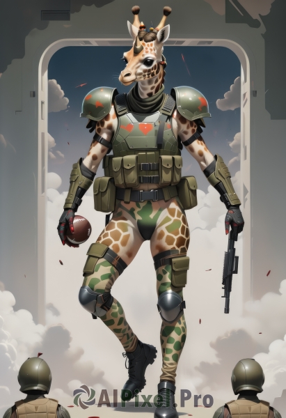 gloves,1boy,holding,full body,weapon,male focus,boots,multiple boys,solo focus,black footwear,holding weapon,armor,gun,military,blood,mask,helmet,shoulder armor,holding gun,rifle,furry,handgun,smoke,walking,pauldrons,pouch,assault rifle,furry male,knee pads,shoulder pads,camouflage,explosive,elbow pads,grenade,combat boots,bulletproof vest,body armor,solo,belt,uniform,military uniform,skull,camouflage pants