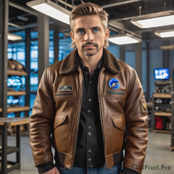 solo,looking at viewer,short hair,blue eyes,blonde hair,shirt,long sleeves,1boy,closed mouth,standing,jacket,male focus,open clothes,collared shirt,pants,indoors,blurry,open jacket,looking to the side,black shirt,buttons,blurry background,facial hair,denim,beard,brown jacket,jeans,realistic,mustache,leather,old,old man,leather jacket,photo background,bomber jacket,patch,wrinkled skin,brown hair,cowboy shot,lips,depth of field,zipper,animification