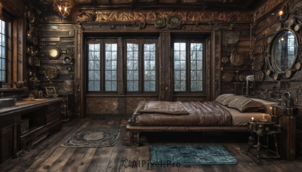 sky,day,cloud,indoors,tree,cup,pillow,book,no humans,window,bed,chair,table,sunlight,curtains,scenery,wooden floor,fantasy,door,blanket,clock,bookshelf,lamp,candle,gears,carpet,drawer,candlestand,rug,cabinet,chandelier,globe,fireplace,lying,bed sheet,on bed,couch,desk,plate,open book,under covers,saucer,painting (object),wooden table