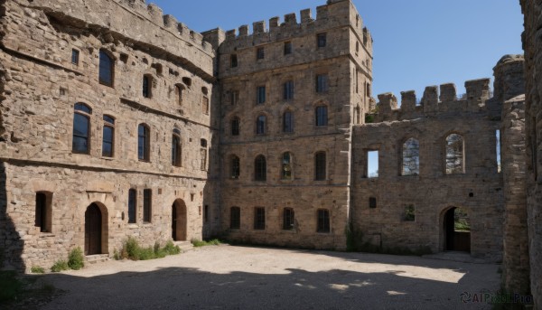 outdoors,sky,day,tree,blue sky,no humans,window,shadow,grass,building,scenery,door,road,ruins,arch,plant,shade,wall,architecture