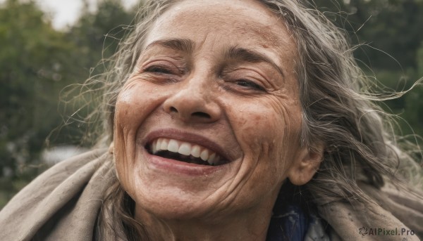 solo,long hair,looking at viewer,smile,open mouth,1boy,white hair,grey hair,male focus,outdoors,teeth,blurry,black eyes,lips,blurry background,half-closed eyes,messy hair,portrait,realistic,old,old man,old woman,wrinkled skin,day,grey eyes,depth of field,clenched teeth,close-up,meme