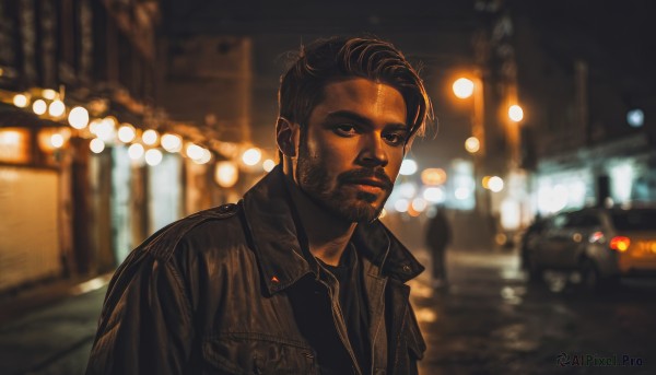 solo,short hair,shirt,black hair,1boy,closed mouth,jacket,upper body,male focus,outdoors,solo focus,dark skin,blurry,black eyes,black shirt,night,depth of field,blurry background,facial hair,scar,dark-skinned male,ground vehicle,motor vehicle,beard,brown jacket,city,realistic,car,leather,leather jacket,looking at viewer,brown hair,brown eyes,mustache,road,bokeh