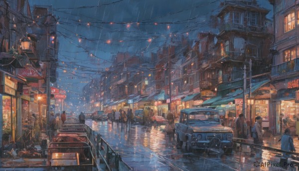 outdoors,multiple boys,sky,cloud,water,window,night,umbrella,ground vehicle,building,night sky,scenery,motor vehicle,reflection,rain,6+boys,stairs,city,sign,railing,car,road,cityscape,bridge,power lines,lamppost,street,utility pole,crowd,city lights,people,crosswalk,multiple girls,black hair,standing,artist name,signature,bag,walking,dark,road sign,puddle,lights,town,traffic light,radio antenna,pavement,vanishing point,sidewalk,storefront