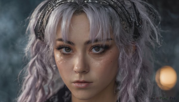 1girl,solo,long hair,looking at viewer,bangs,brown eyes,white hair,grey hair,hairband,parted lips,mole,blurry,lips,grey eyes,eyelashes,mole under eye,depth of field,blurry background,portrait,close-up,freckles,realistic,nose,parted bangs,headgear,headphones