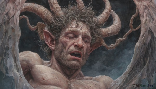 solo,looking at viewer,short hair,open mouth,black hair,1boy,nipples,upper body,male focus,nude,wings,horns,teeth,pointy ears,muscular,facial hair,pectorals,muscular male,demon horns,portrait,beard,demon wings,realistic,chest hair,demon boy,brown hair