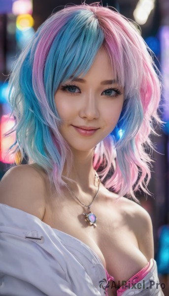 1girl,solo,breasts,looking at viewer,smile,short hair,bangs,blue eyes,shirt,cleavage,bare shoulders,jewelry,medium breasts,closed mouth,underwear,blue hair,collarbone,white shirt,upper body,pink hair,multicolored hair,earrings,open clothes,medium hair,necklace,off shoulder,bra,blurry,two-tone hair,lips,eyelashes,makeup,buttons,depth of field,blurry background,web address,pendant,realistic,pink bra,nose,unbuttoned,split-color hair,artist name,parted bangs,watermark,light smile,lipstick,eyeshadow,bokeh,mascara