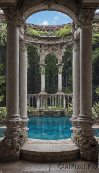 outdoors,sky,day,cloud,water,tree,blue sky,no humans,plant,nature,scenery,ruins,pillar,arch,moss,overgrown,column,flower,building,stairs,fantasy,architecture,bridge,statue,garden