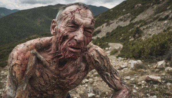 solo,looking at viewer,1boy,upper body,white hair,grey hair,male focus,outdoors,teeth,day,blurry,blood,blurry background,facial hair,scar,veins,mountain,realistic,bald,old,old man,sky,monster,rock