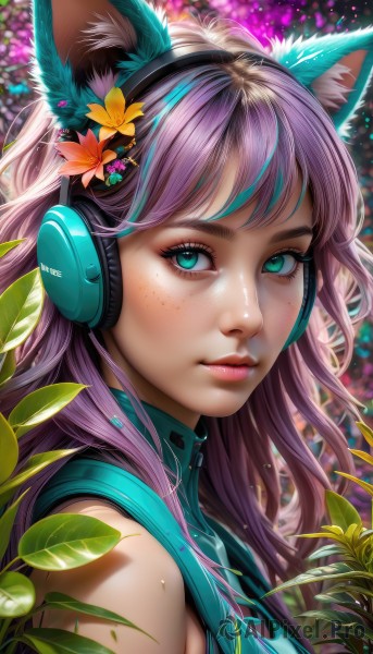 1girl,solo,long hair,looking at viewer,bangs,hair ornament,animal ears,bare shoulders,closed mouth,green eyes,upper body,pink hair,purple hair,flower,multicolored hair,sleeveless,shiny,artist name,cat ears,hair flower,from side,aqua eyes,lips,animal ear fluff,eyelashes,makeup,fake animal ears,headphones,leaf,plant,lipstick,portrait,eyeshadow,freckles,pink lips,realistic,yellow flower,nose,mascara,animal ear headphones,cat ear headphones,mole,fox ears,mole under eye,eyeliner